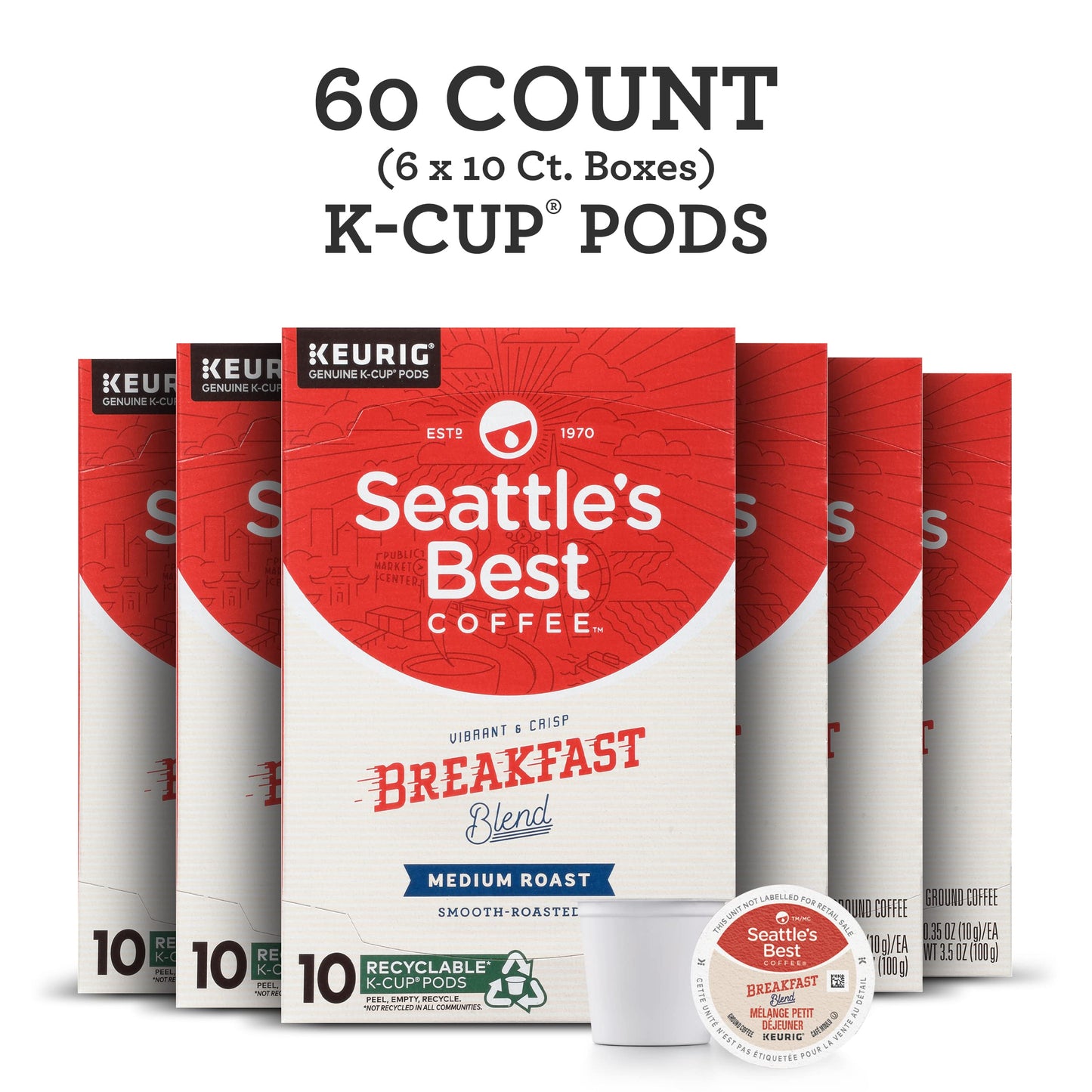 Seattle s Best Coffee Breakfast Blend Medium Roast K-Cup Pods | 6 Boxes of 10 (60 Total Pods)