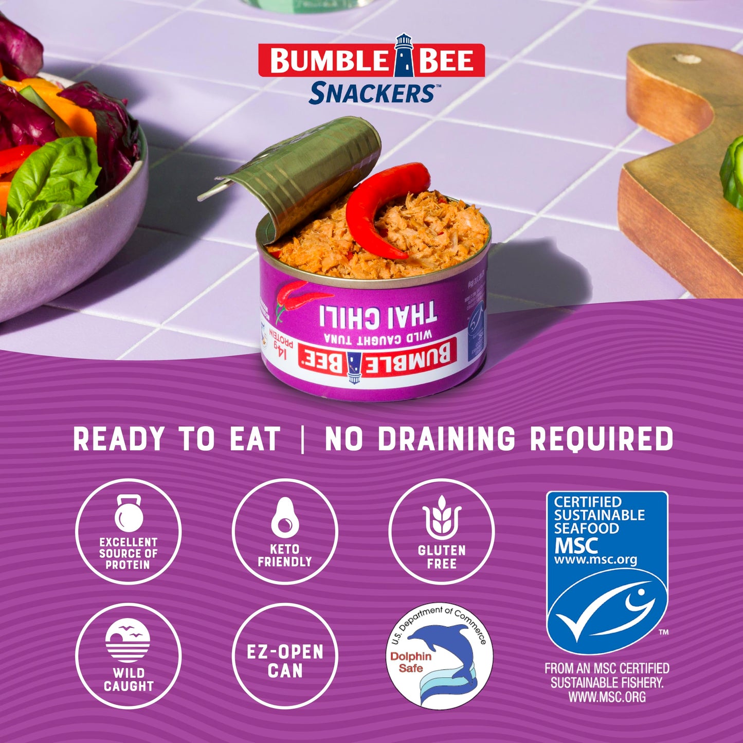 Bumble Bee Snackers - Thai Chili Tuna, 3 oz Easy Open Can - 14g Protein per Serving - Wild Caught Skipjack Chunk Light Tuna Pack