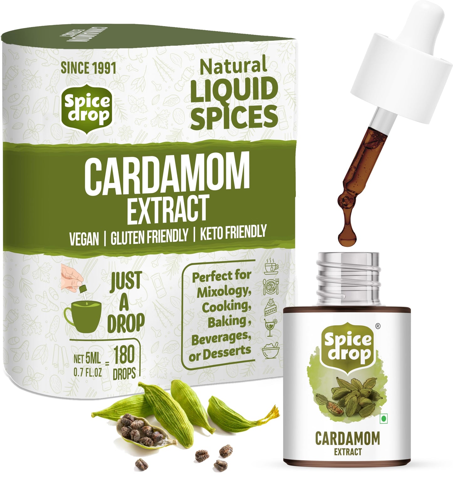 Spice Drop Cardamom Extract - Up to 180 Drops Per Bottle | Tea, Coffee, Cooking, Baking, Dessert | Pure Whole Green Cardamom Pod Extract | No Added Color or Preservative | Vegan (0.17oz, Pack of 1)