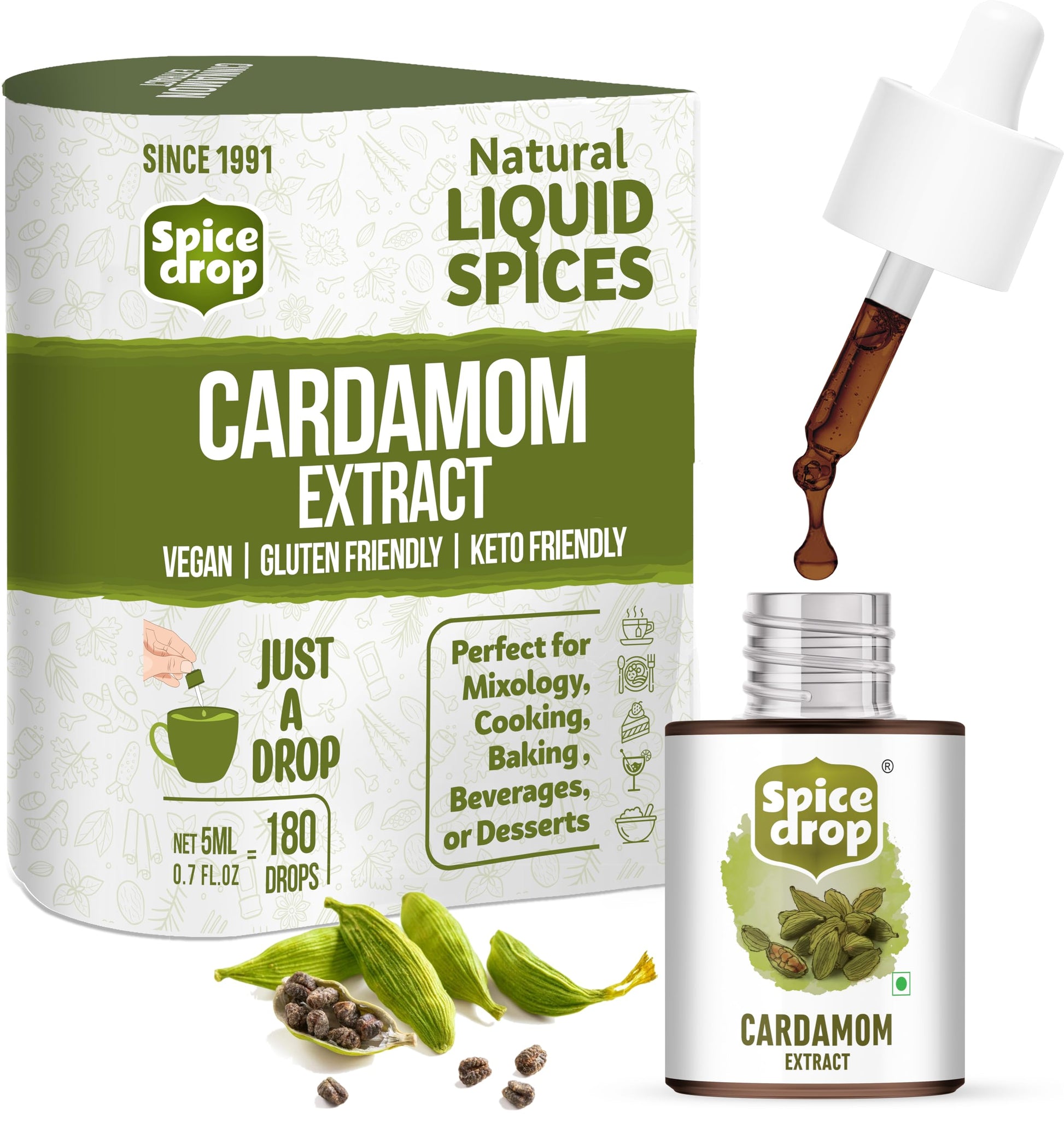 Spice Drop Cardamom Extract - Up to 180 Drops Per Bottle | Tea, Coffee, Cooking, Baking, Dessert | Pure Whole Green Cardamom Pod Extract | No Added Color or Preservative | Vegan (0.17oz, Pack of 1)