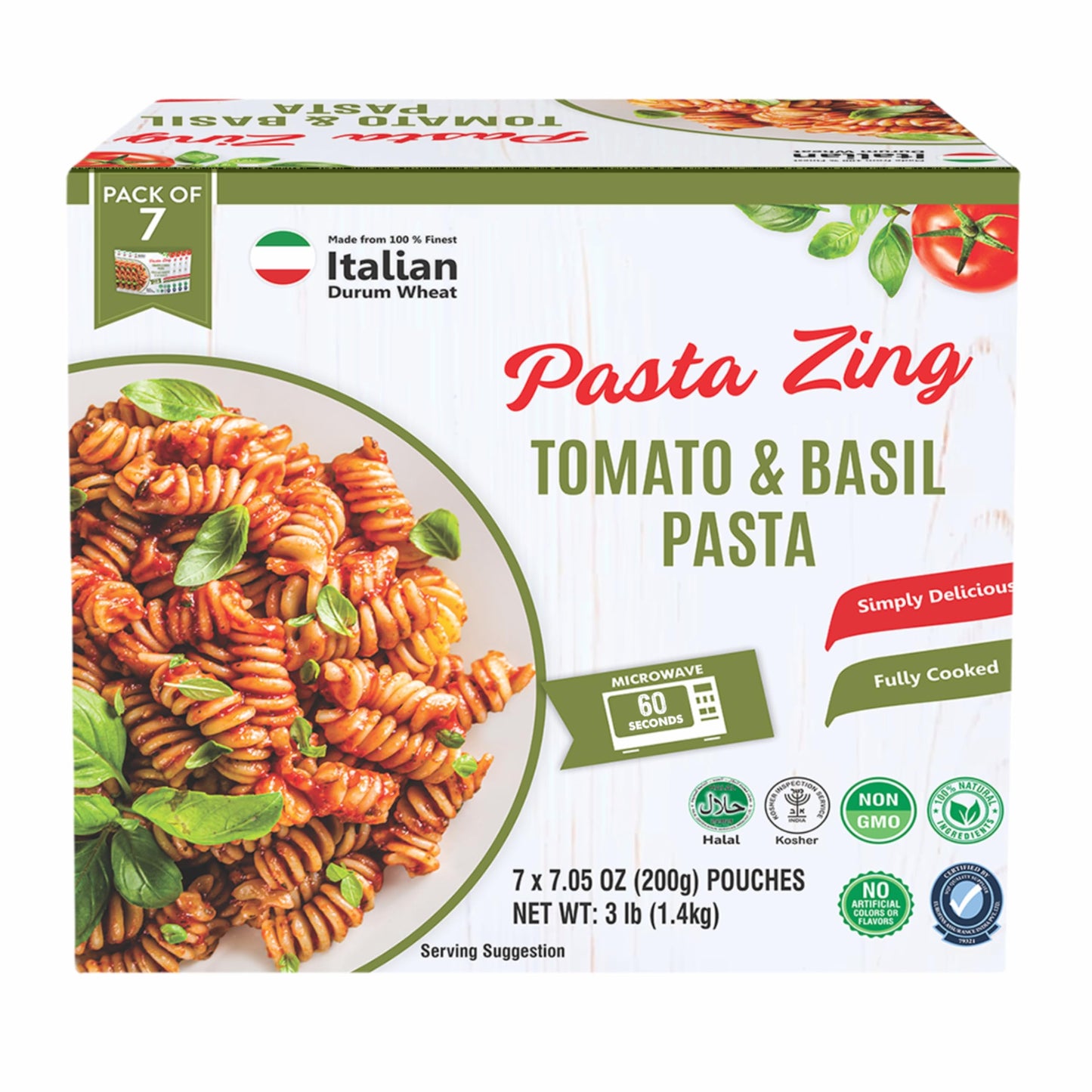 Pasta Zing Tomato & Basil Pasta, Authentic Italian Al-Dente Texture, Ready in 1 Minute, Made with Durum Wheat, 14g Protein 8.6g