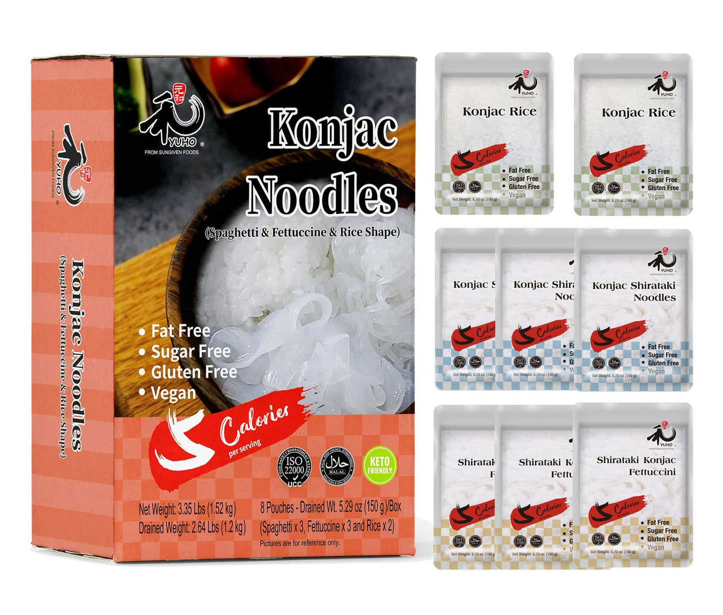 Yuho Shirataki Konjac 8 Pack Inside, Vegan, Gluten Free, Fat-Free, Keto Friendly, Low Carbs 53.61 Oz (1520 G)
