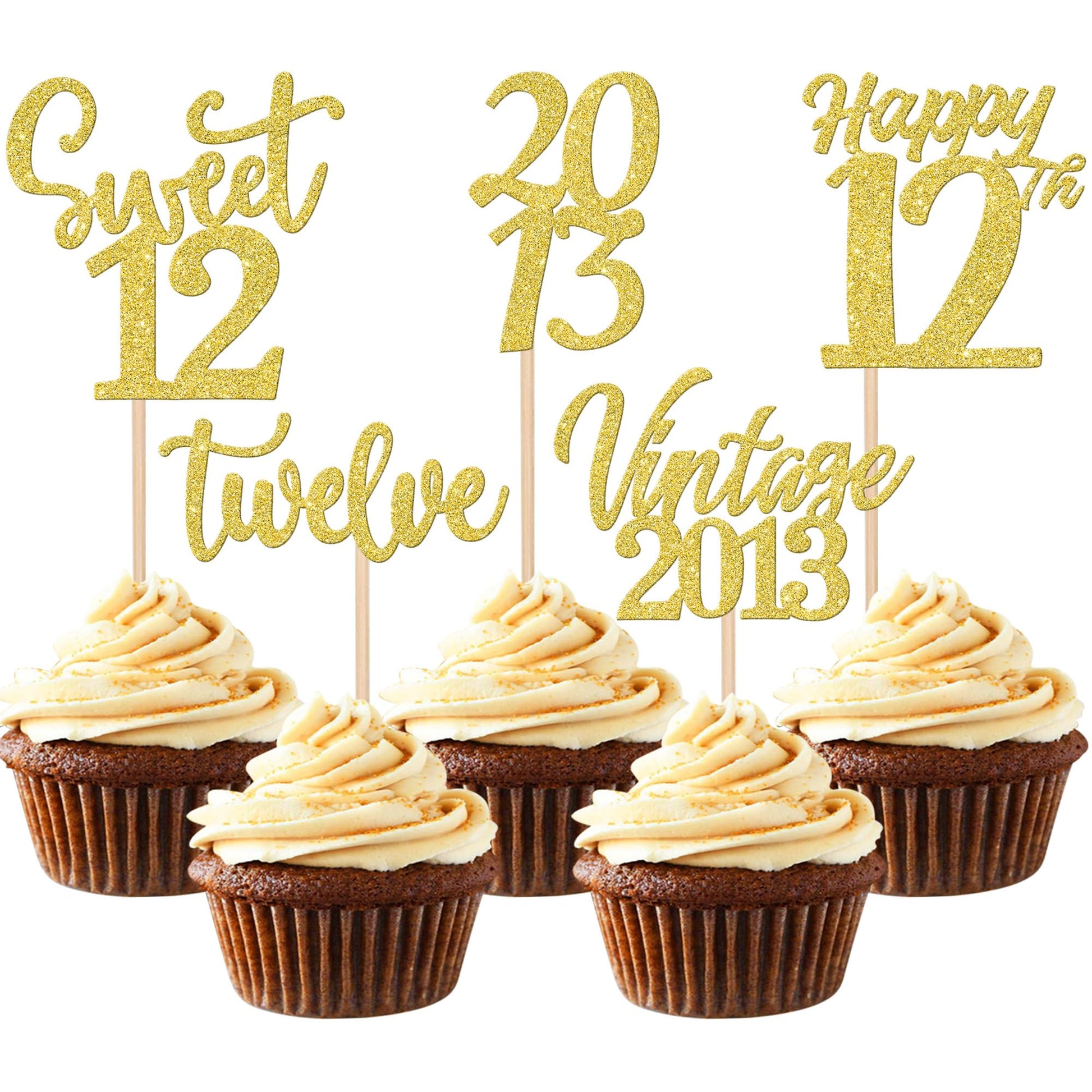 30PCS Happy 12th Birthday Cupcake Toppers Cheers to 12 Vintage 2013 Cupcake Picks Sweet 12 Twelve 12th Birthday Decorations for 