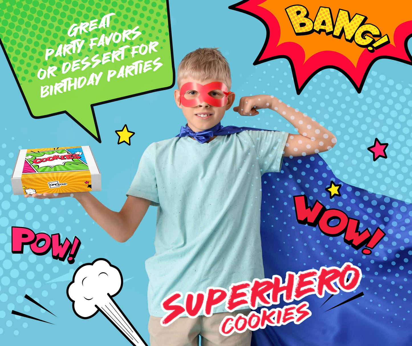 Superhero Cookies 24 Pack | Bulk Party Favors Birthday Party | Pow Boom Bang Wow