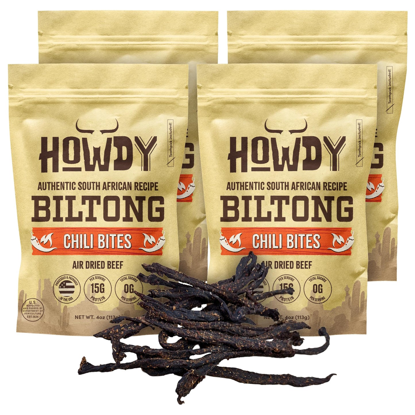 Howdysnax Biltong Chili Bites – 4 Pack (16 Oz Total) – Bulk Spicy Beef Snack • High-Protein • Keto & Paleo • No Preservatives • Made In Usa