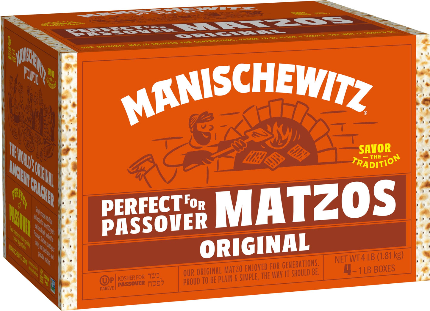 Manischewitz Passover Matzo, 4x1lbs Boxes (Total 4 Boxes) Freshly Baked for Passover 2026 | Just 2 Ingredients | Airy, Thin, Cri
