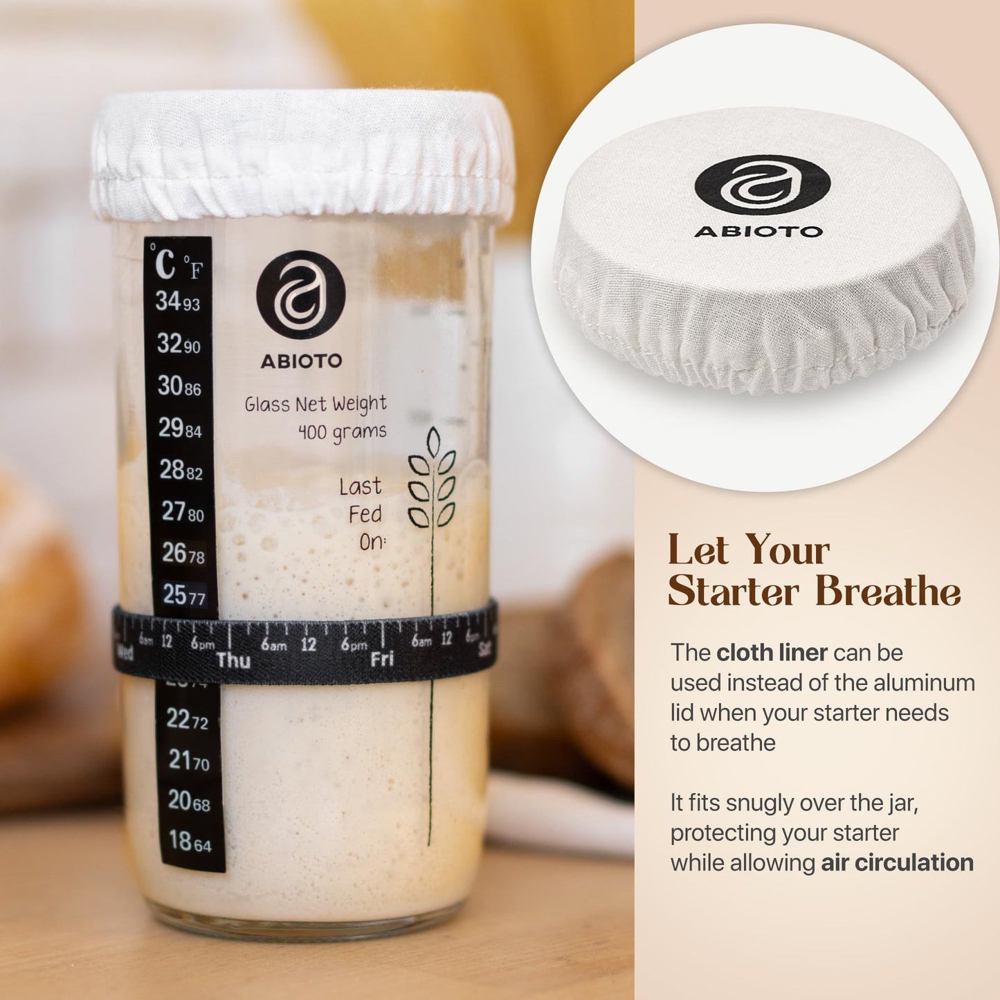 ABIOTO Sourdough Starter Kit  Includes 24 oz Sourdough Starter Jar with Metallic Lid  Silicone Spatula  Feeding Tracker  Extra Thermometer Strips & Breathable Covers - Sourdough Bread Starter Kit