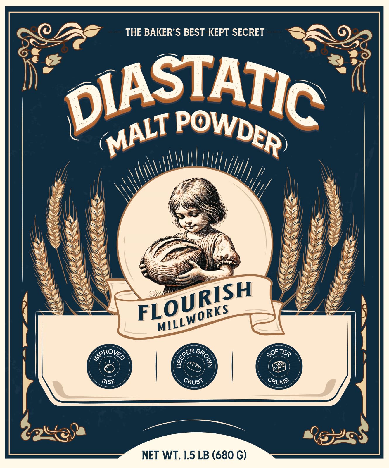 Flourish Millworks Diastatic Malt Powder 24Oz. - Top-Grade Baking Enhancer & Dough Improver - The BakerS Best-Kept Secret For Perfect Rise And Browning (1.5 Lbs.)