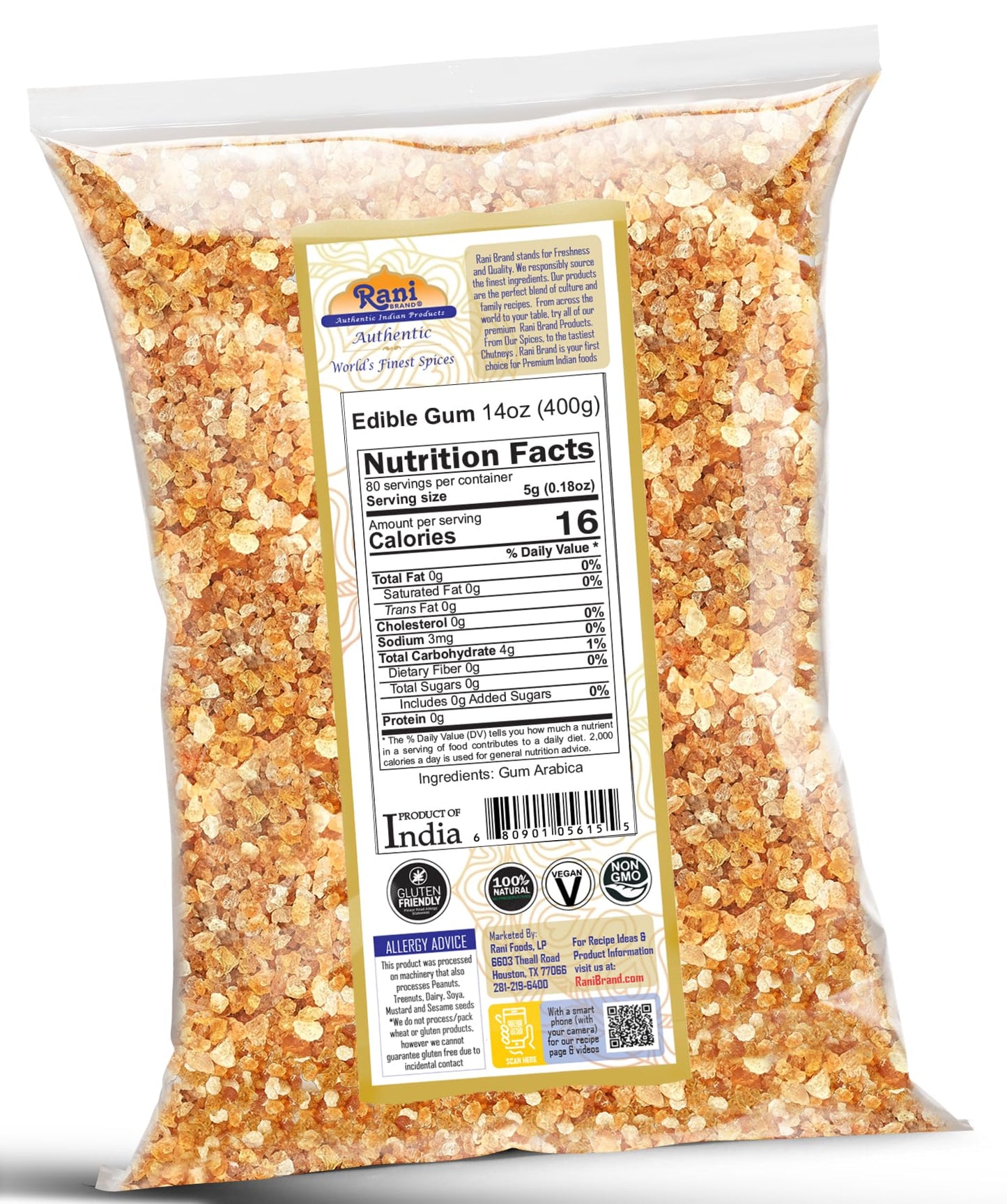Rani Edible Gum Whole (Arabica Gum) 14Oz (400G) Bulk ~ All Natural, Salt-Free | Vegan | No Colors | Gluten Friendly | Non-Gmo | Kosher | Indian Origin
