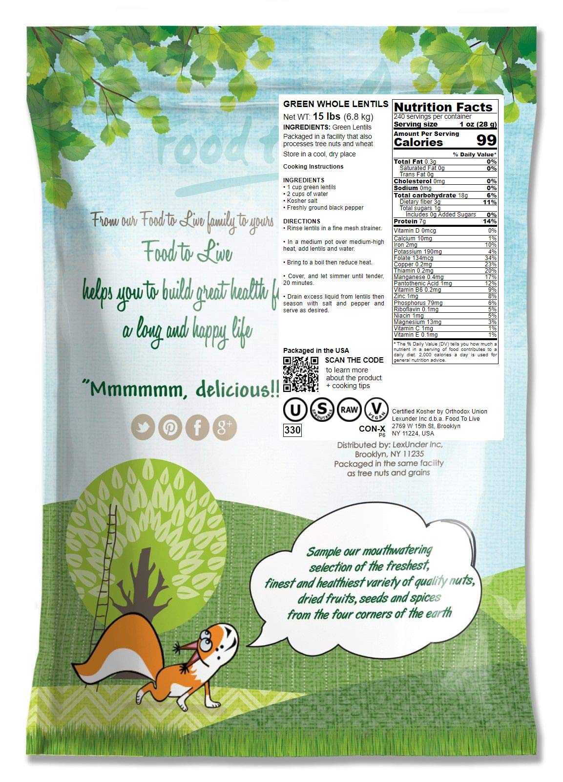Food To Live - Whole Green Lentils, 15 Pounds Dried Raw Lentils, Sproutable, Kosher, Vegan. Rich In Dietary Fiber, And Protein.