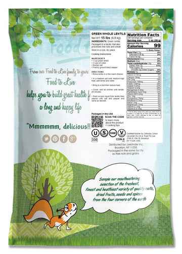 Food To Live - Whole Green Lentils, 15 Pounds Dried Raw Lentils, Sproutable, Kosher, Vegan. Rich In Dietary Fiber, And Protein.
