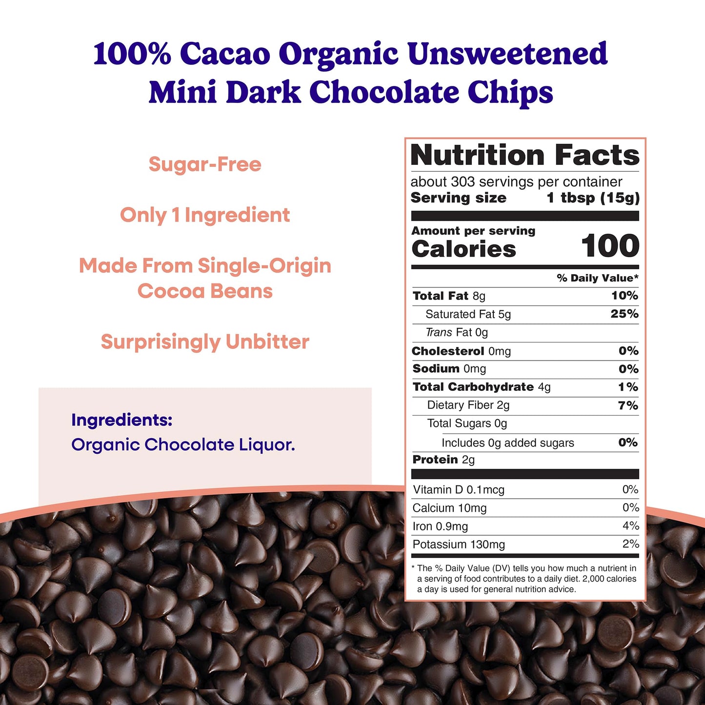 Pascha Organic 100% Cacao Mini Baking Chips, Unsweetened Dark Chocolate, Sugar-Free, 10 lbs