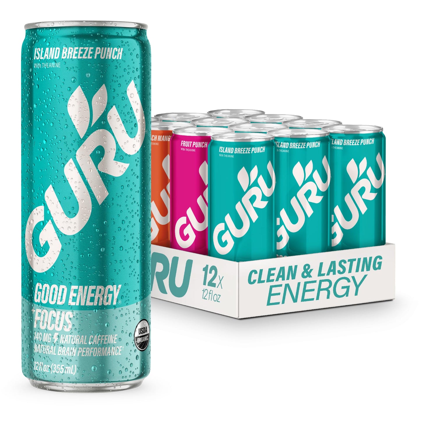 GURU Organic Energy Drinks Variety Pack, Plant-Based Caffeine, Gluten Free, 12 Fl Oz, 140mg Caffeine, Pack of 12