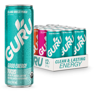 GURU Organic Energy Drinks Variety Pack, Plant-Based Caffeine, Gluten Free, 12 Fl Oz, 140mg Caffeine, Pack of 12