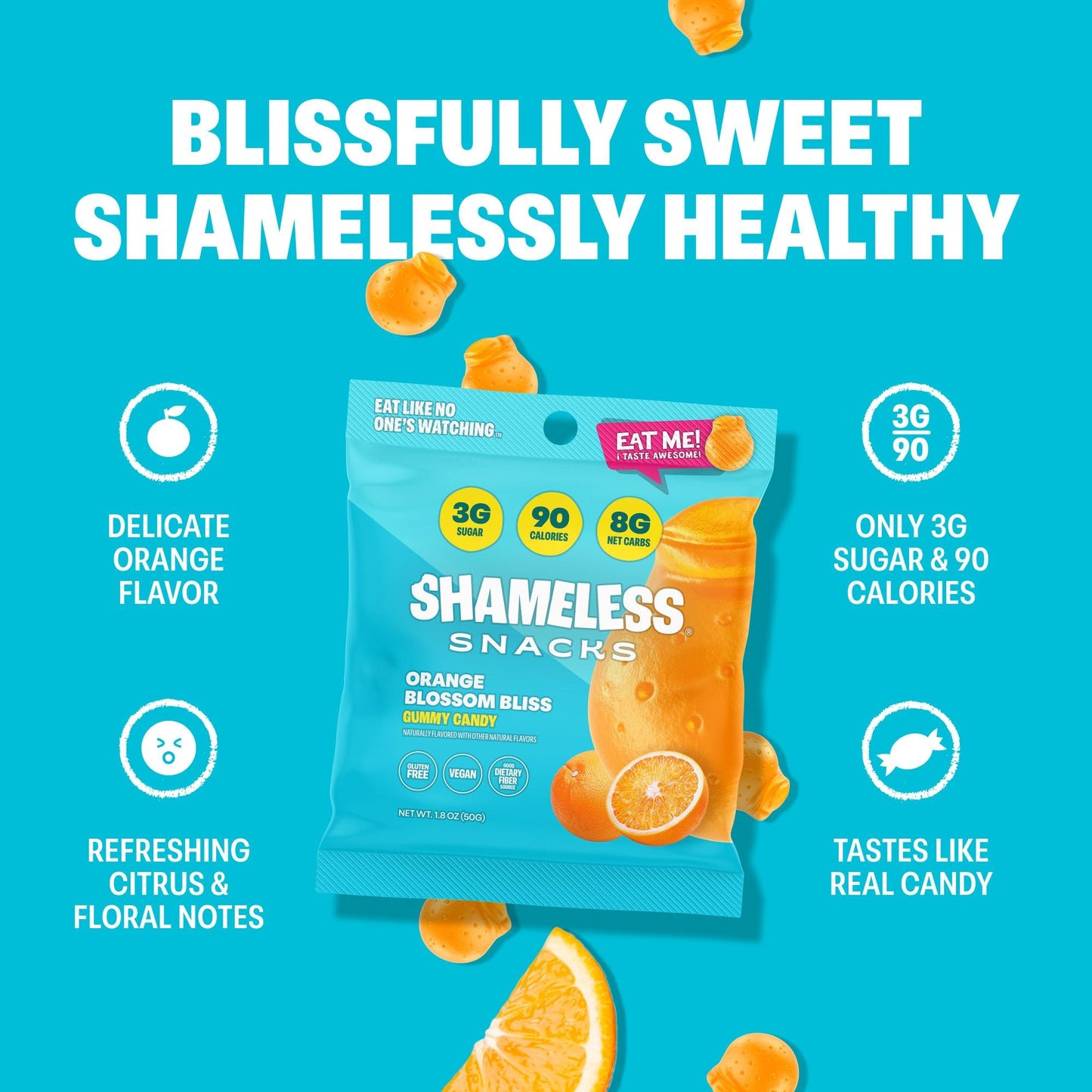 Shameless Snacks Orange Blossom Gummy Candy | Keto Candy with Low Sugar & Low Calorie | Healthy Vegan Snacks for Kids & Adults