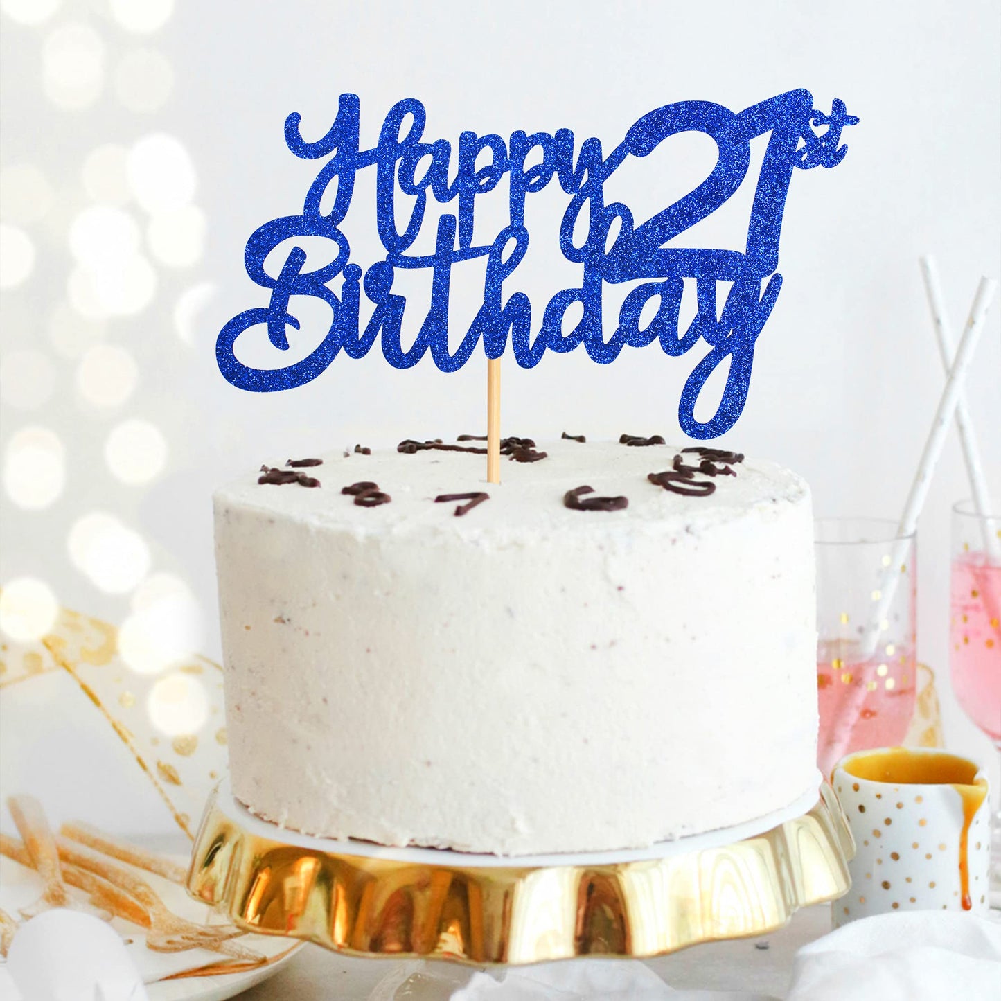 Sioditin Cake Topper - Bule Glitter 21st Birthday Decoration - Medium Size - Paper Material