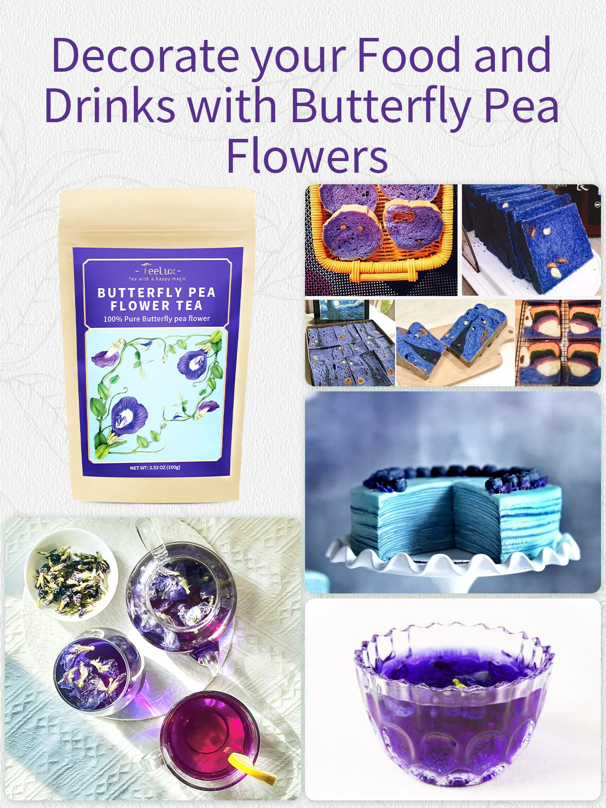 TeeLux Butterfly Pea Flower Tea, Non-GMO, Dried, 3.5 Oz