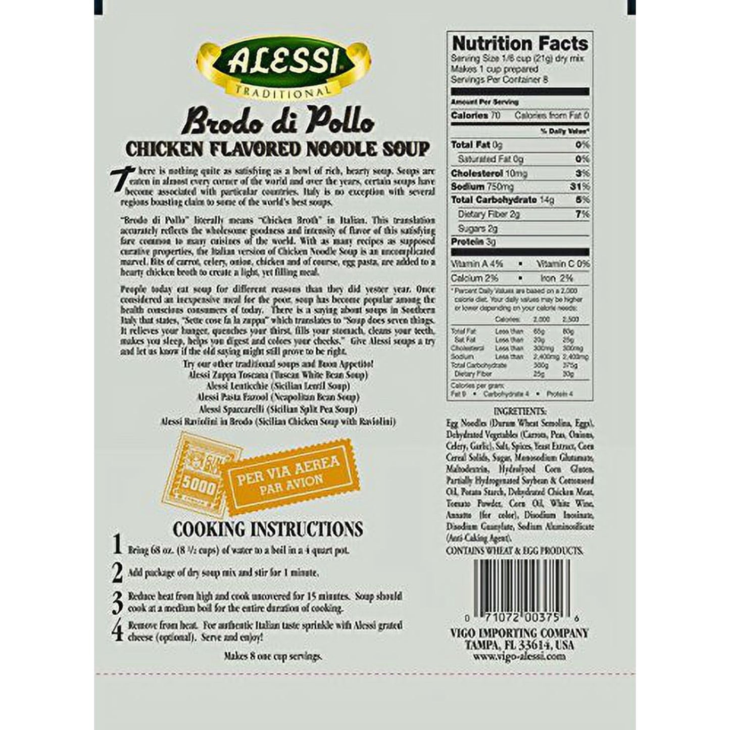 Alessi Soup Mix Brodo di Pollo Chicken Flavored Noodle Soup, 6 Ounce (Pack of 6))