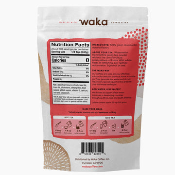 Waka Instant Green Tea Mix, Watermelon Flavored - 100% Tea Leaves, No Additives, Unsweetened Tea Powder In Bulk Pouch - Easy Qui