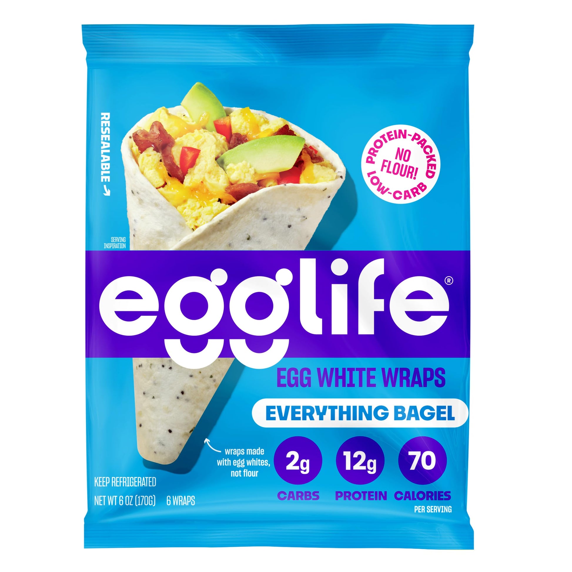 Egglife Everything Bagel Egg White Wraps - (6 Count) - Refrigerated, Flourless, Gluten Free Wraps - Low Carb Tortilla Alternativ