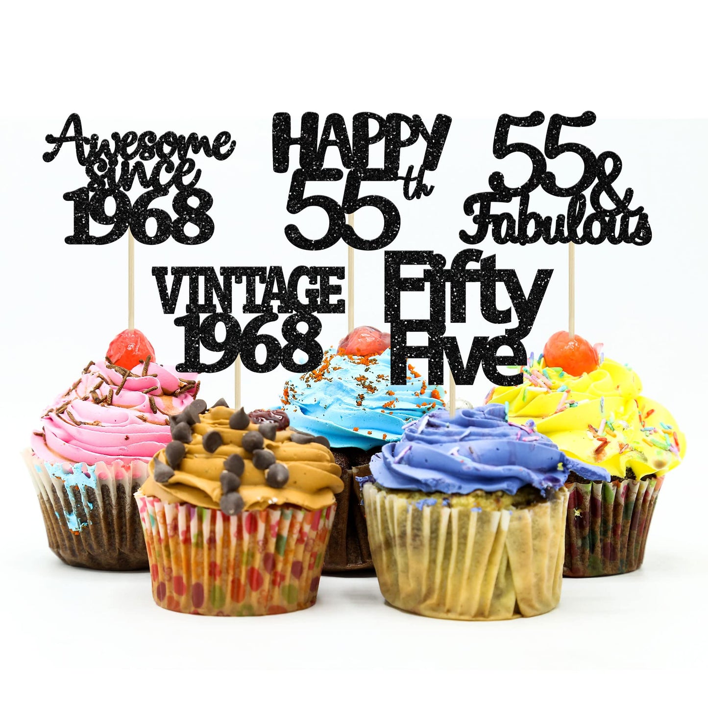 Gyufise 30 Pack Black Glitter Vintage 1968 Cupcake Toppers Glitter 55 Fabulous Happy 55 Cheers to 55 Years Birthday Cupcake Pick