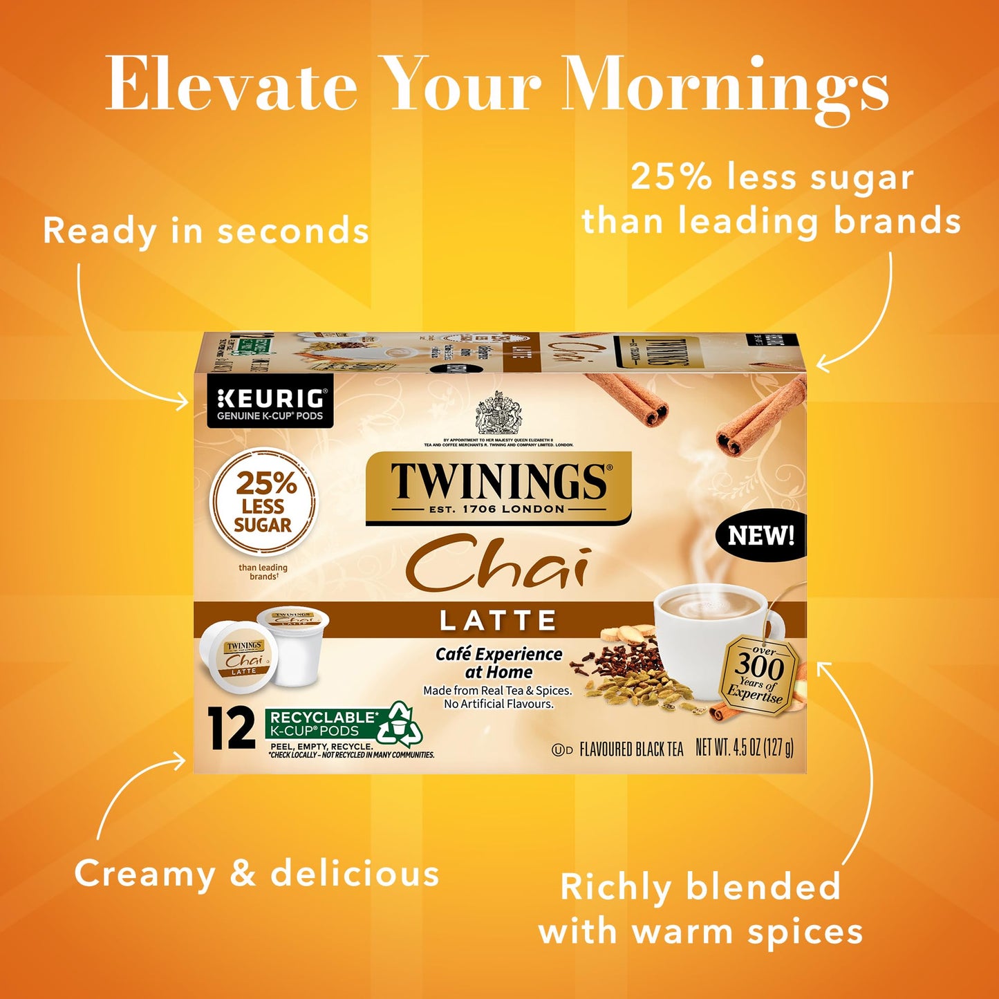 Twinings Chai Latte Black Tea K-Cup Pods For Keurig, 12 Count (Pack Of 6), Creamy, Slightly Sweet, Less Sugar, Caffeinated, Enjo