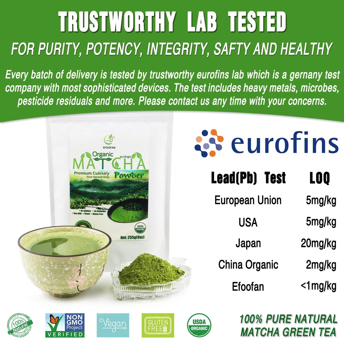 EFOOFAN Organic Matcha Tea - Culinary Grade, First Harvest, 9OZ, Pomona Green