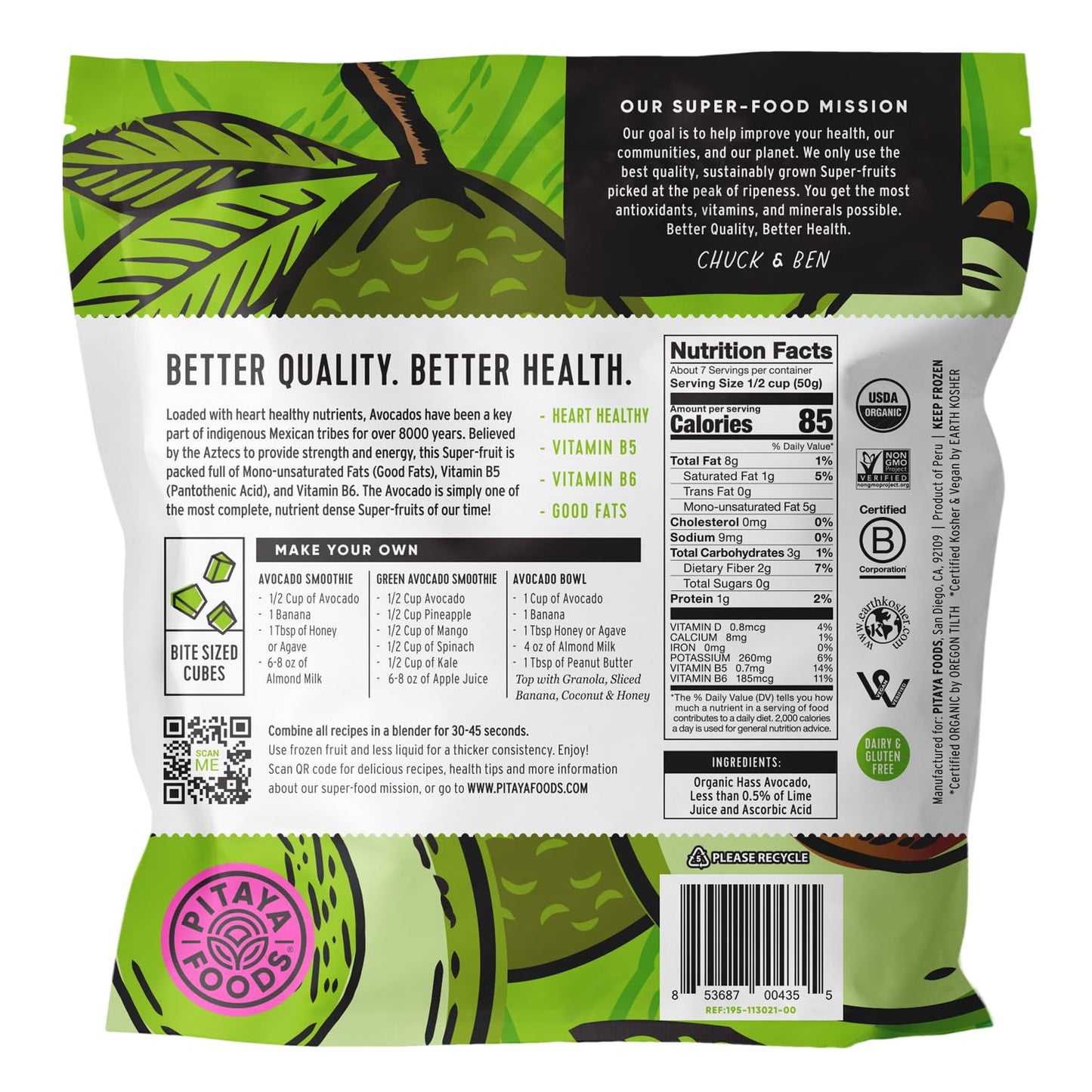 Pitaya Foods - Frozen Organic Avocado Bite-Sized Pieces, Pre-Packaged Frozen Fruit, No Added Sugar or Preservatives, Good Source