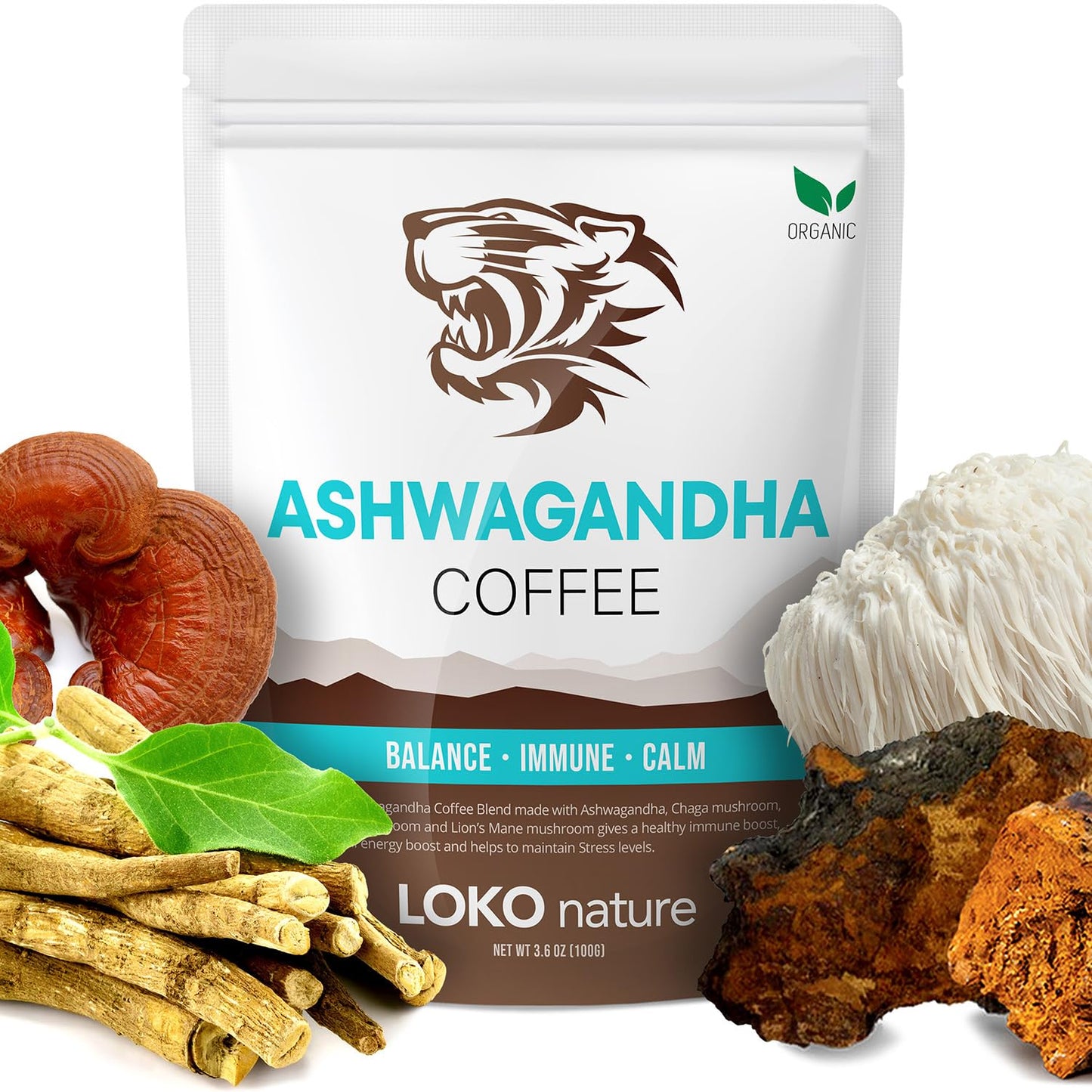 LOKO nature Tiger Ashwagandha Instant Mushroom Coffee - 30 Servings, Arabica Blend with Reishi, Chaga & Lions Mane, Vegan, Gluten-Free