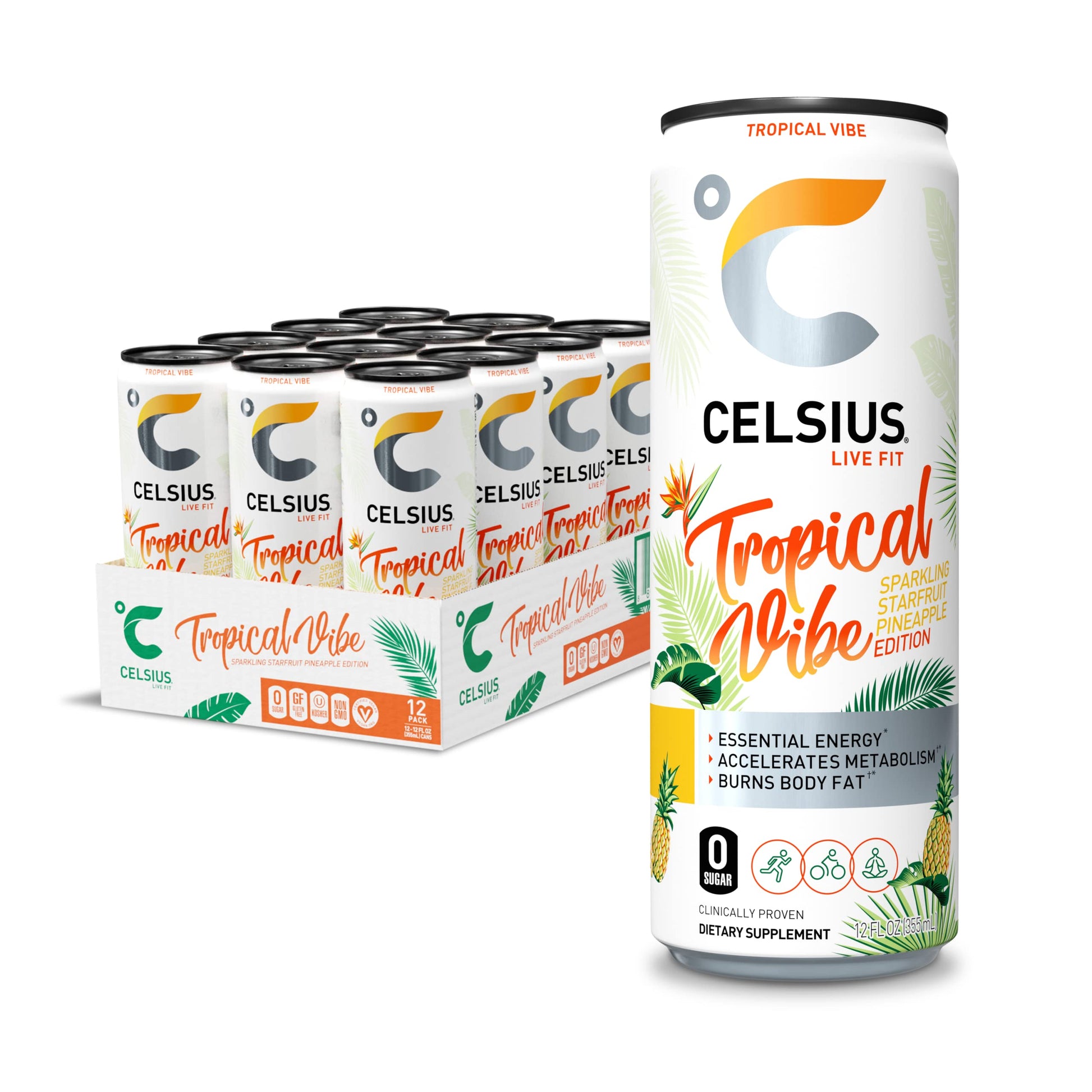 cELSIUS Sparkling Tropical Vibe Functional Essential Energy Drink 12 Fl Oz (Pack of 12)
