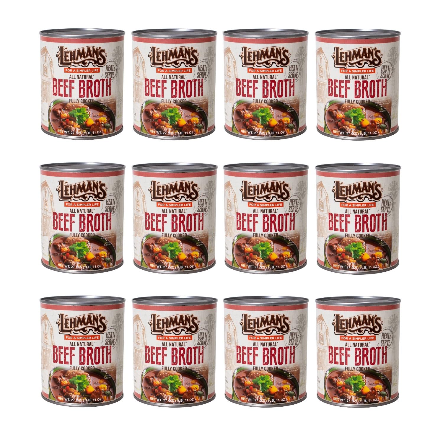 Lehmans Canned Beef Broth - All Natural Stock, 27 oz Can, Case of 12, Multicolor