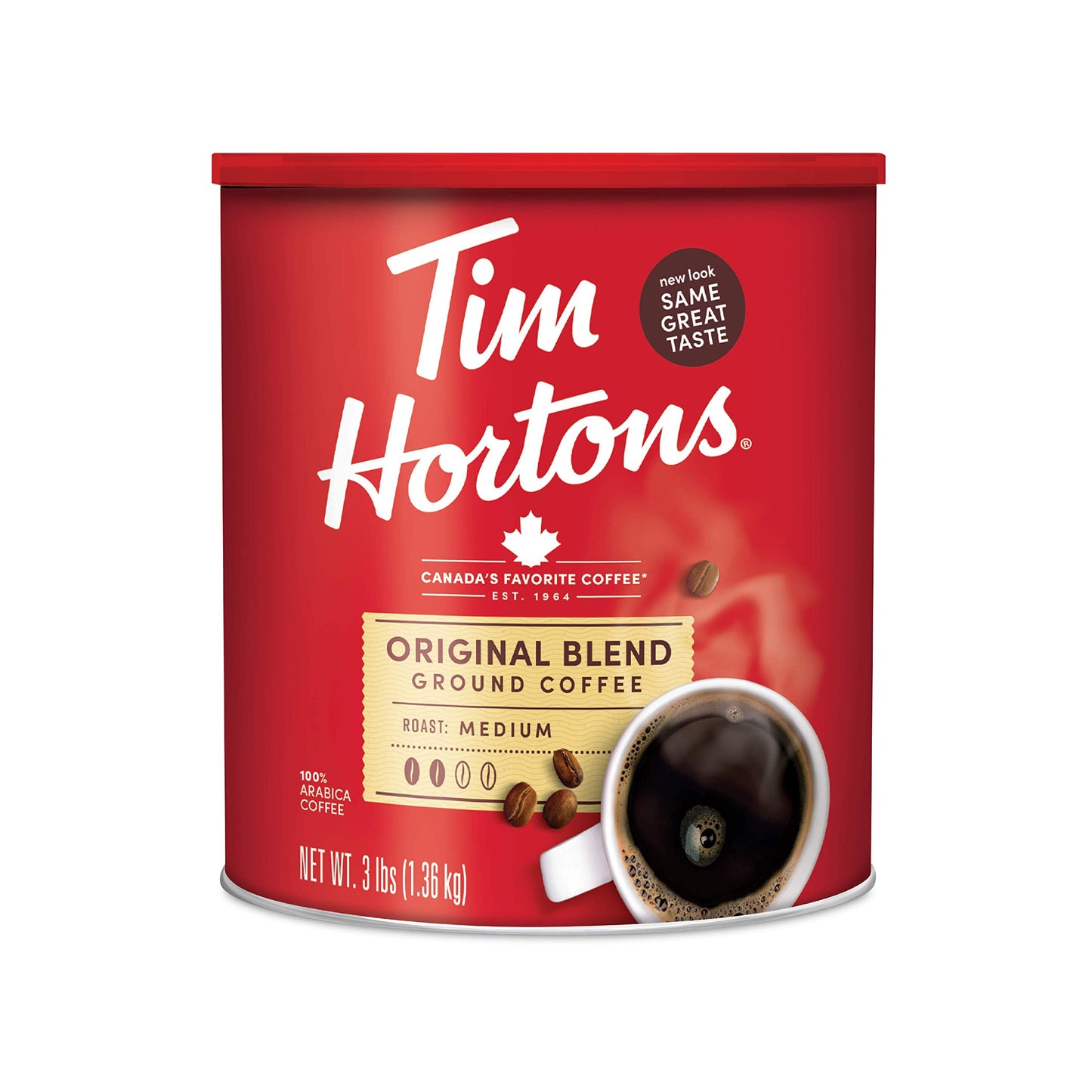 Tim Hortons Original Blend Medium Roast Ground Coffee, 100% Arabica Beans, 48 Ounce Canister, Red