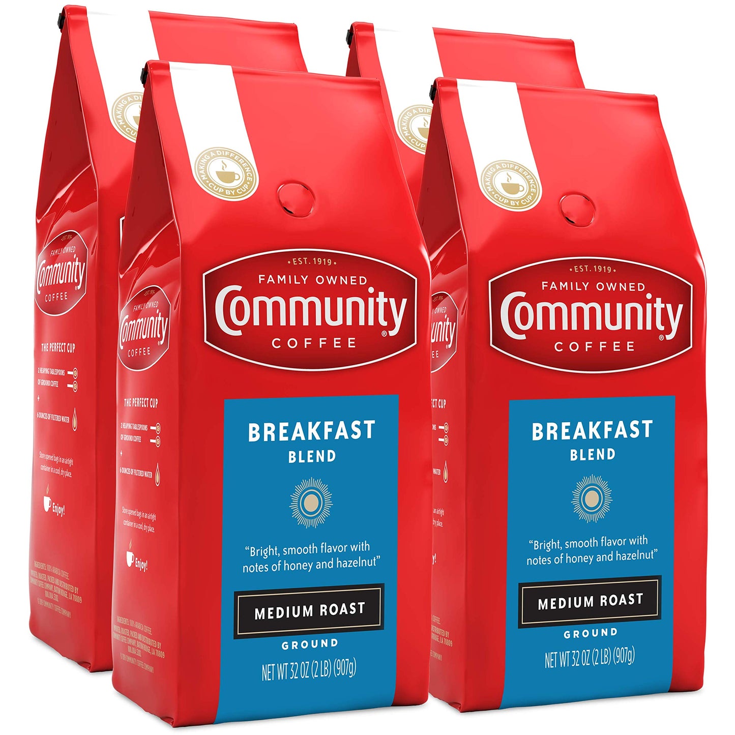 Community Coffee Breakfast Blend, 128 Ounces Ground Coffee, Medium Roast, 32 Ounce Bag (Pack of 4)