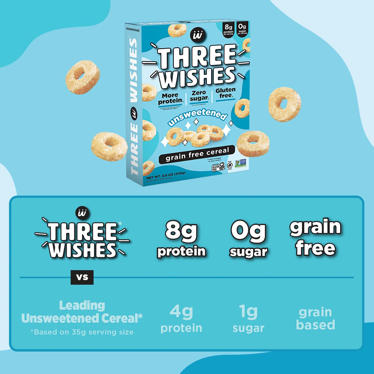 Three Wishes Grain-Free & Protein Cereal - Healthy, Sugar-Free & Gluten-Free Breakfast Cereal - Low Carb, Plant-Based, Vegan & N