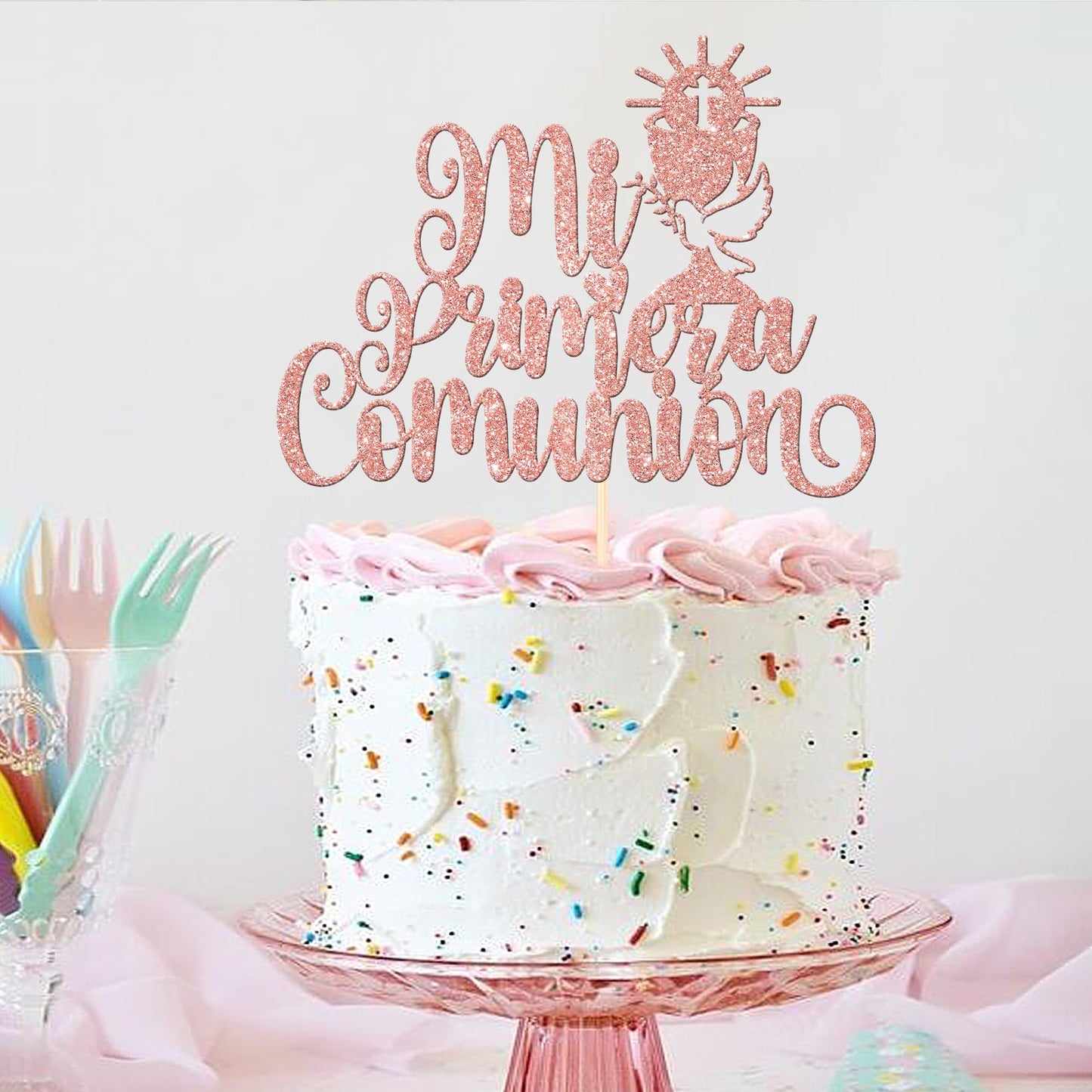 ZHUOWEISM Cake Topper - 1 PCS Dove Glitter for First Communion, Rose Gold, Paper Decoration for Baptism and Christening Parties