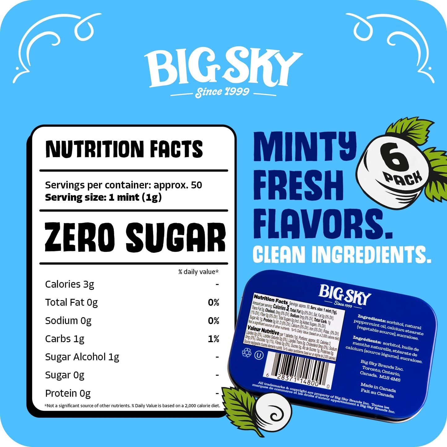 Big Sky Sugar Free Peppermint Candy, 50g Tin - 6 Count Display Tray