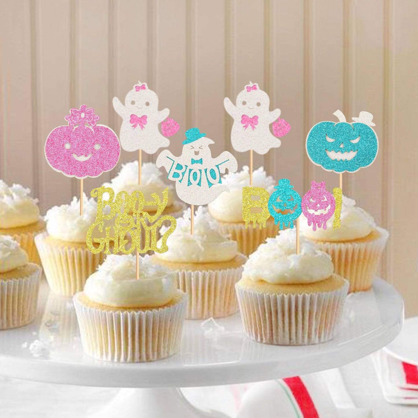 Ercadio 24 Pack Halloween Boo-Y Or Ghoul Cupcake Toppers Glitter Halloween Ghost Gender Reveal Cupcake Picks Pumpkin Boo Cake Pi