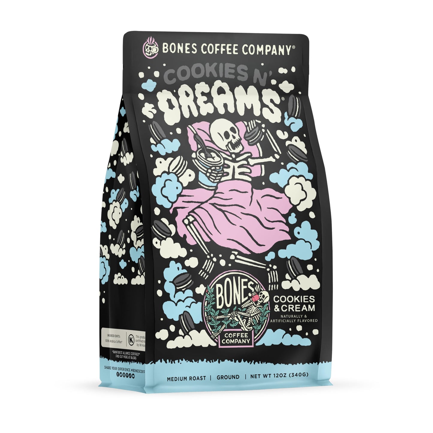 Bones Coffee Company Cookies 'N Dreams Ground Coffee Beans Cookies & Cream Flavor, Low Acid Flavored Coffee, Made With Arabica C