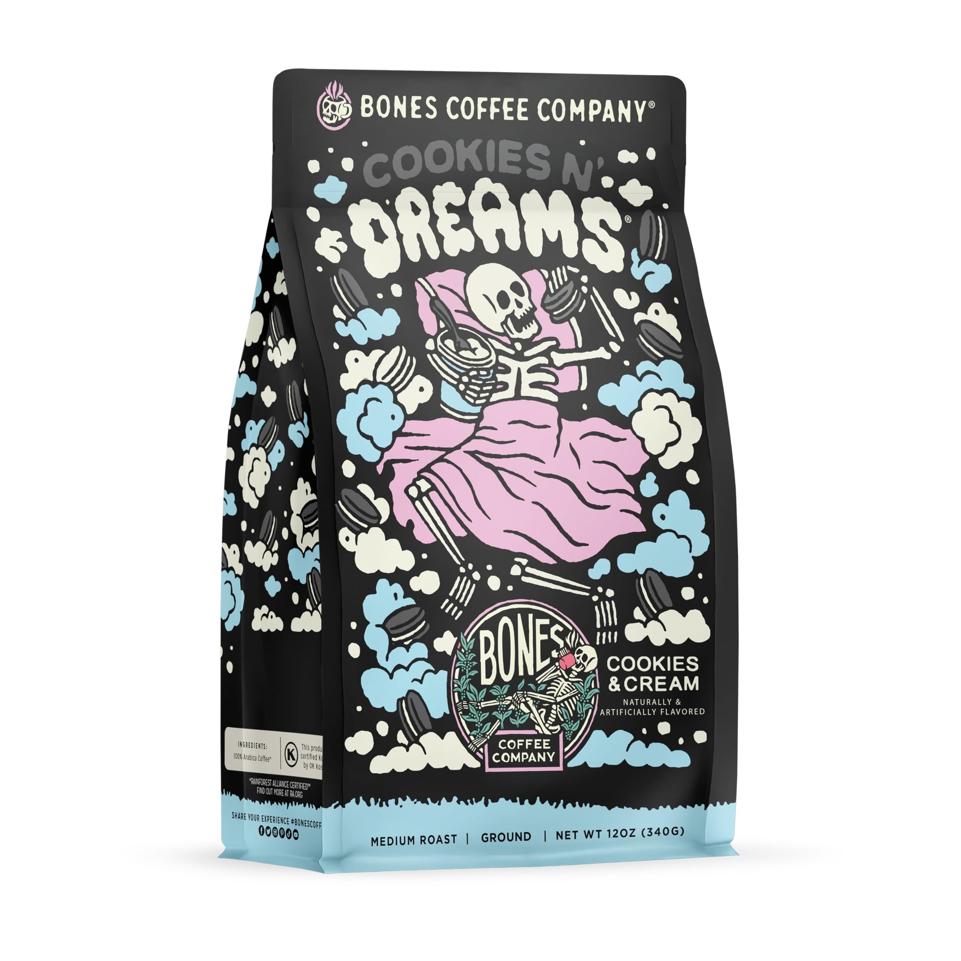 Bones Coffee Company Cookies 'N Dreams Ground Coffee Beans Cookies & Cream Flavor, Low Acid Flavored Coffee, Made With Arabica C