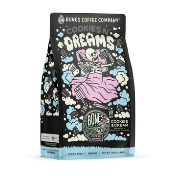 Bones Coffee Company Cookies 'N Dreams Ground Coffee Beans Cookies & Cream Flavor, Low Acid Flavored Coffee, Made With Arabica C