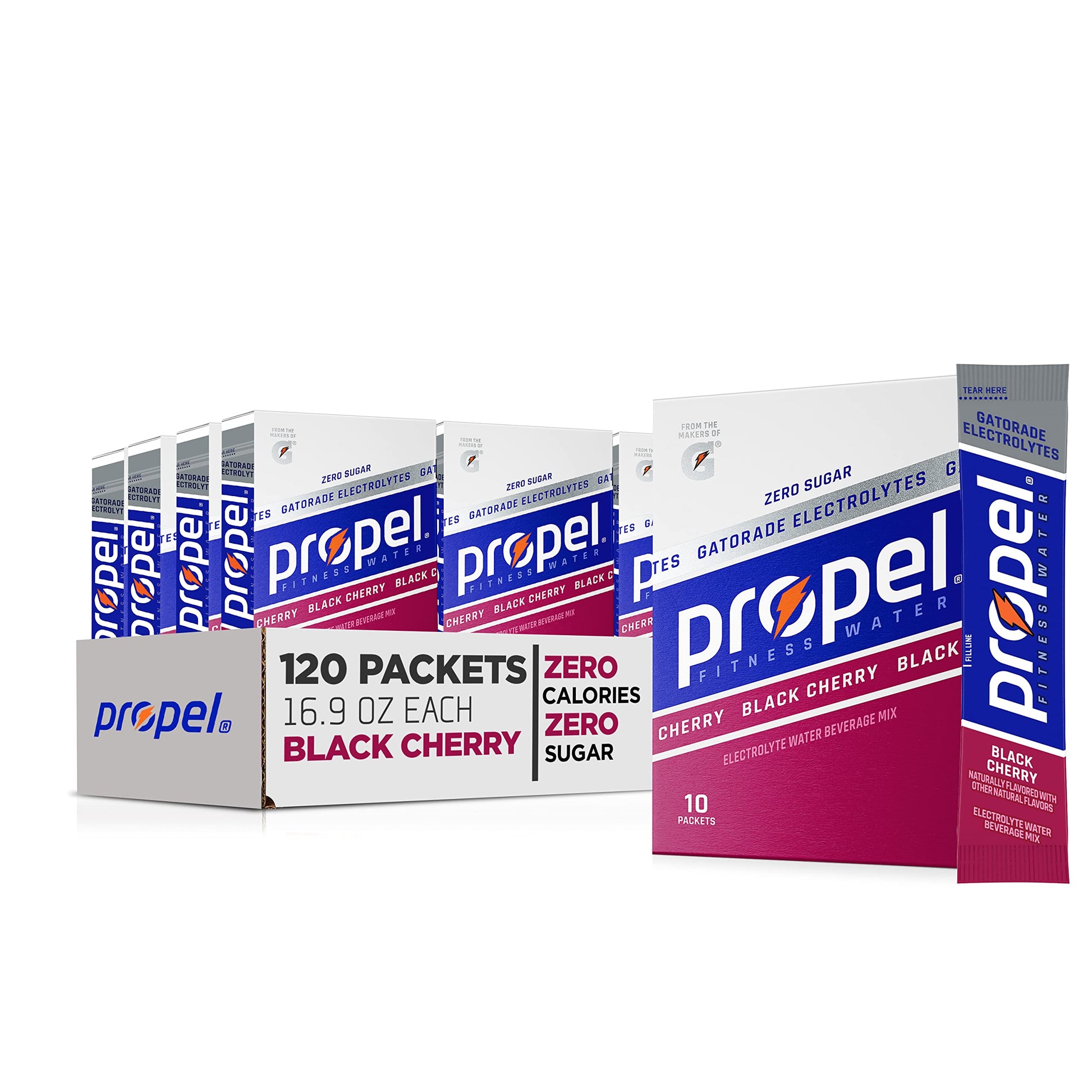 Propel Powder Packets, Black Cherry With Electrolytes, Vitamins And No Sugar (Packaging May Vary), 10 Count (Pack Of 12)