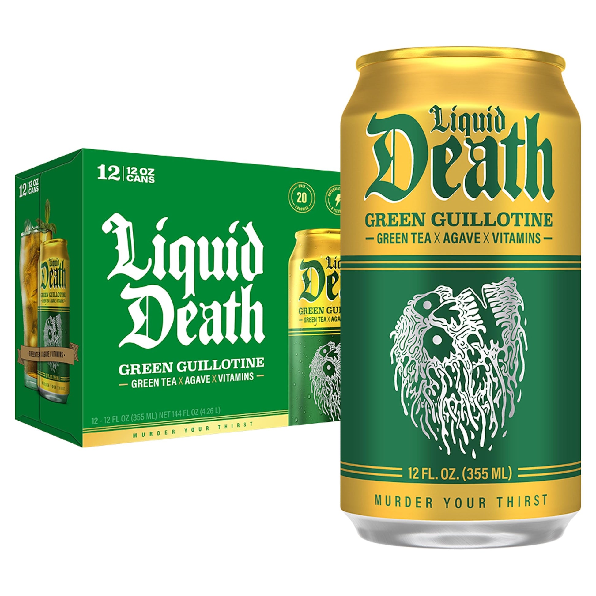 Liquid Death, Green Guillotine Iced Tea, 12-Pack (12 oz Cans), Green Tea, Low Calorie, No Artificial Sweeteners, B12 & B6 Vitami