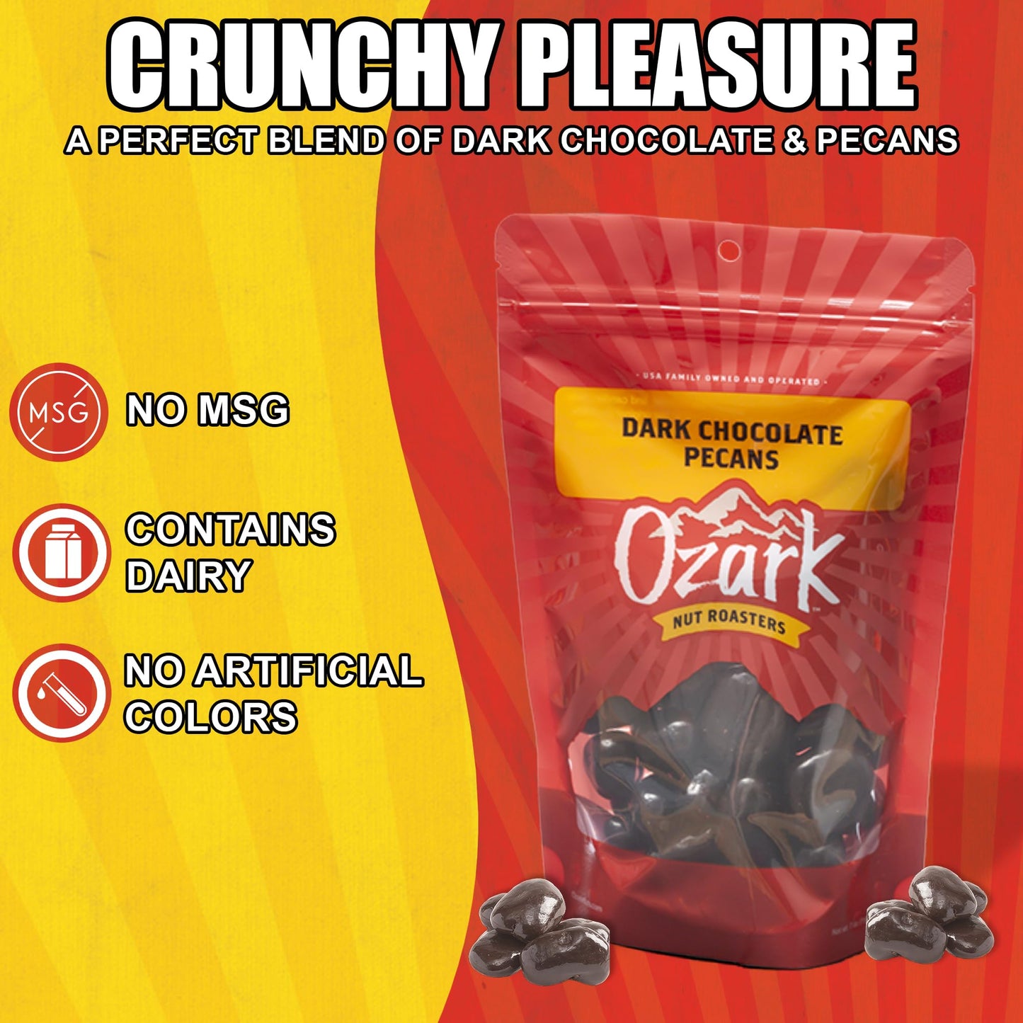 Ozark Nut Roasters, Dark Chocolate Pecans, Velvety Dark Chocolate Flavored Snacks, World-Class Gourmet Candied Nuts, Resealable
