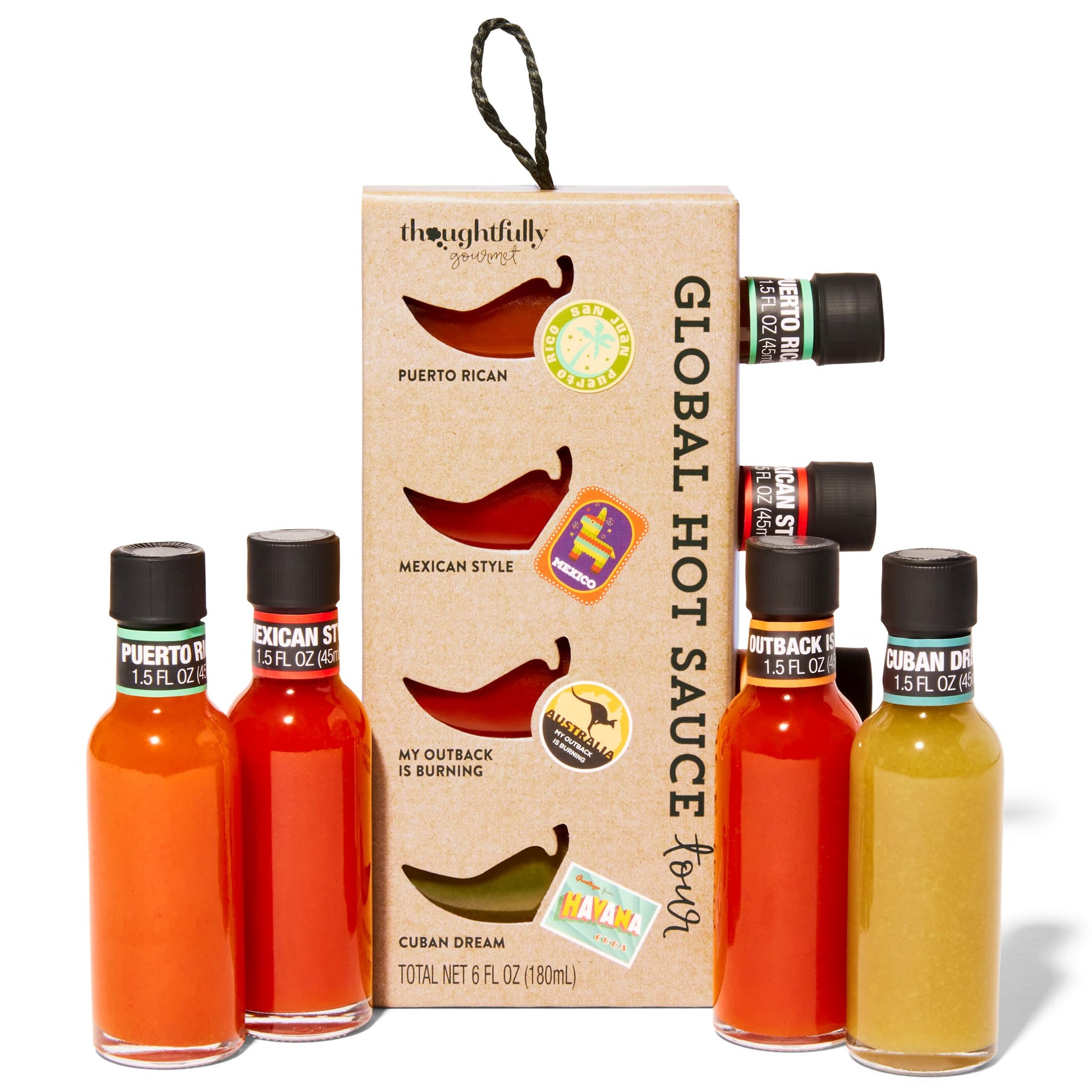 Thoughtfully Gourmet, Global Hot Sauce Gift Set, Internationally Inspired Flavors Include Puerto Rican Mango Habanero, Mexican Style Hot Sauce & More, Set Of 4