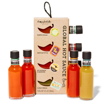 Thoughtfully Gourmet, Global Hot Sauce Gift Set, Internationally Inspired Flavors Include Puerto Rican Mango Habanero, Mexican Style Hot Sauce & More, Set Of 4