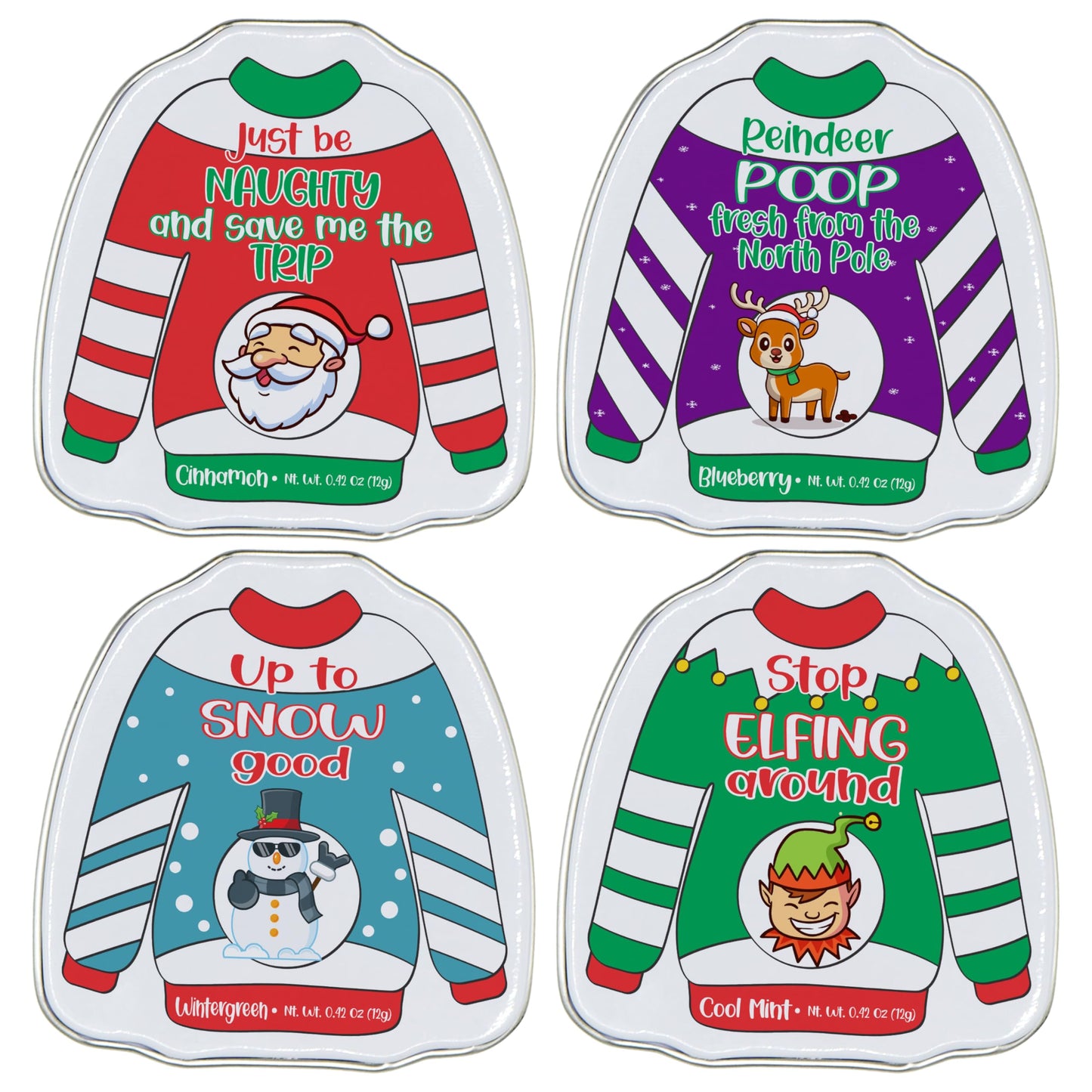4Es Novelty Humorous Christmas Poop Candy Breath Mint Tins  4 Pack Ugly Sweater Tins Funny Christmas Candy Stocking Stuffer for Kids Teens mature-themeds Boys Girls Unique Funny Gag Gift White Elephant Gift Exchange for Men Women