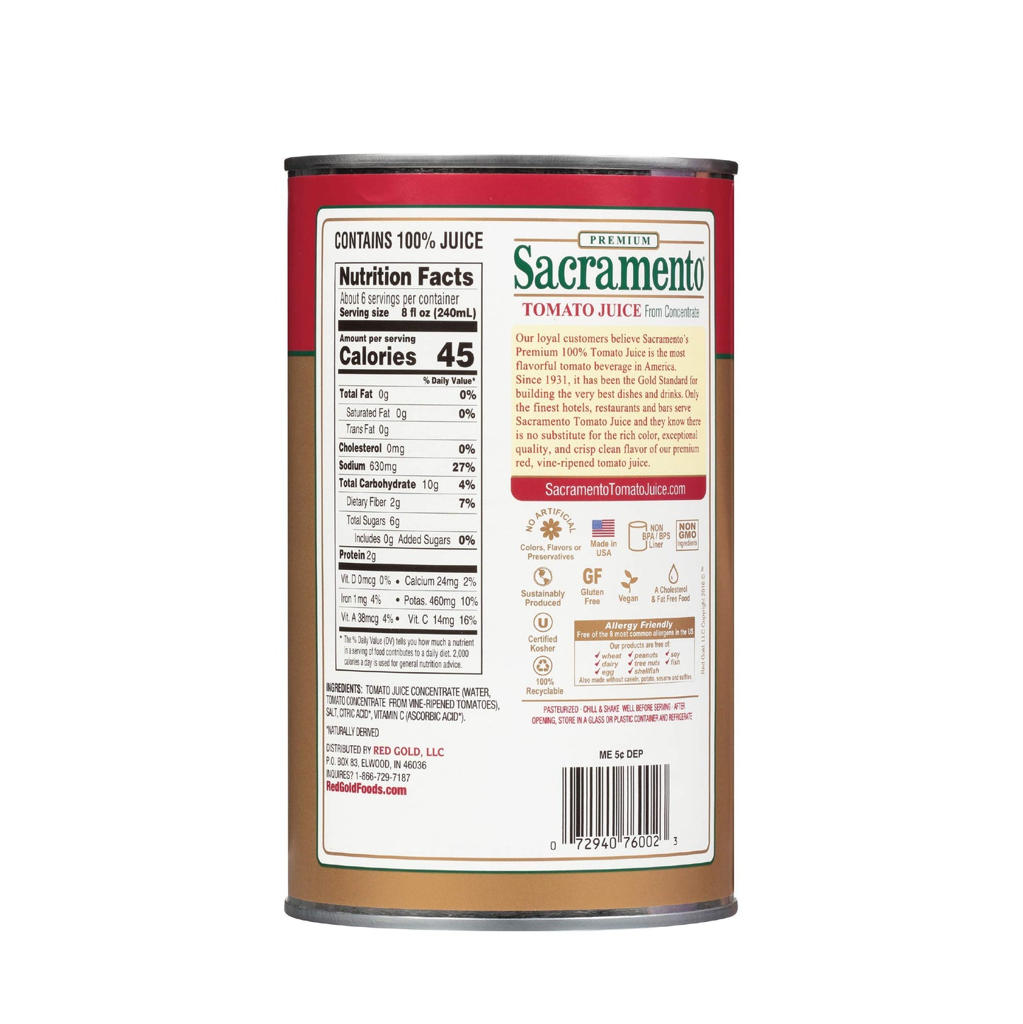 Sacramento Tomato Juice 46 Oz Can, Case Of 12 Cans