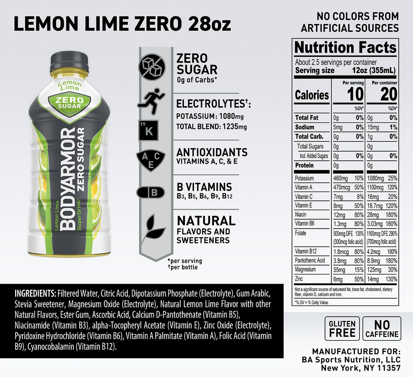 BODYprotective covering ZERO Sugar Lemon Lime  Sugar Free Sports Drink - Low-Calorie Hydration - Natural Flavors with Potassium Packed Electrolytes  Antioxidants  and B-vitamins  28 fl oz (Pack of 12)
