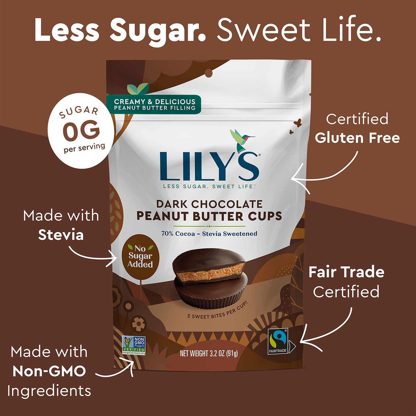 Lilys Dark Chocolate Peanut Butter Cups, Keto-Friendly, Gluten-Free, 3 Pack, 3.2 Oz