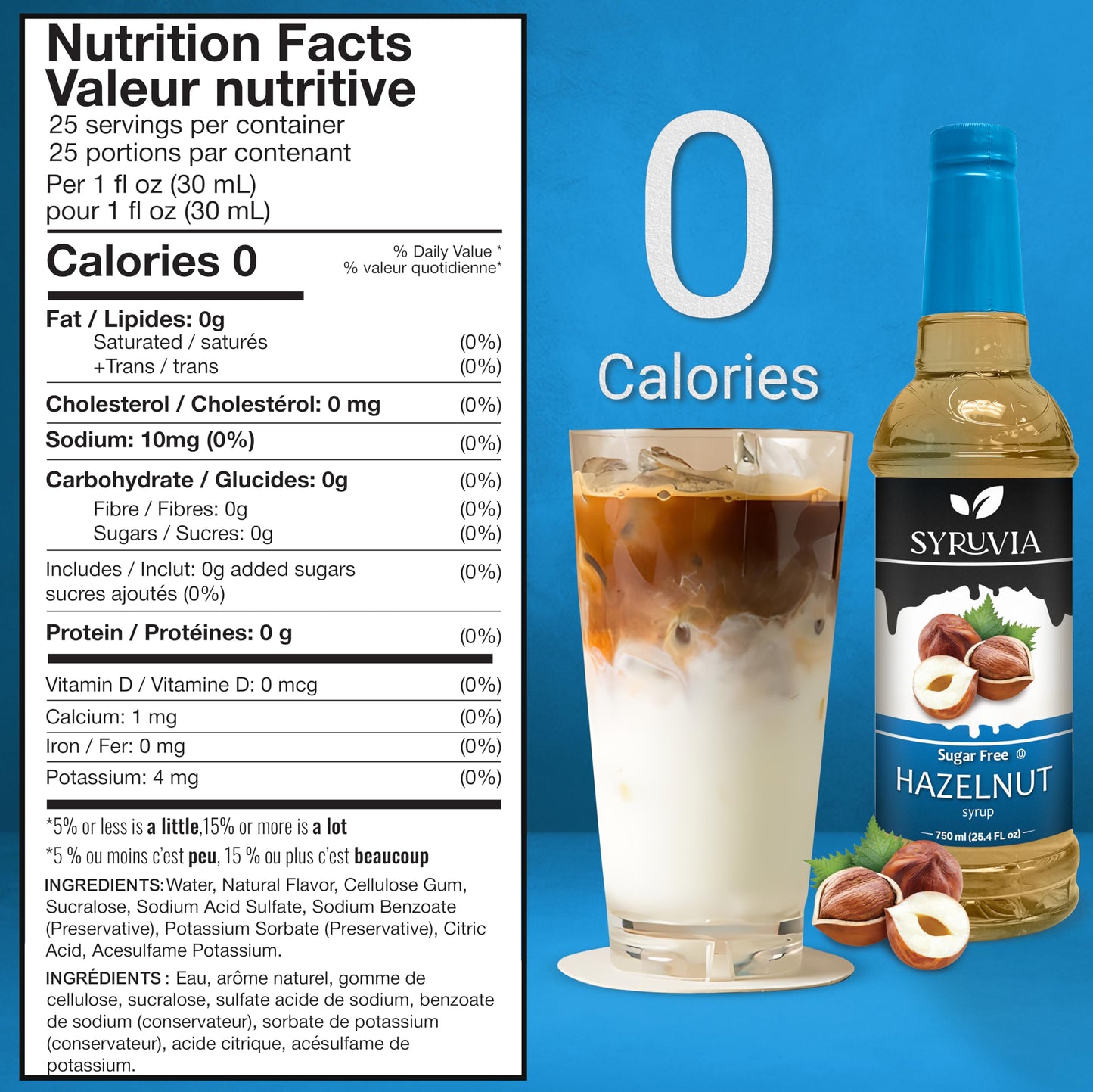 Syruvia Sugar-Free Hazelnut Syrup - 25.4 Fl Oz. Premium Coffee Flavoring Syrup. 0 Calories, Kosher, And Gluten-Free. Perfect For
